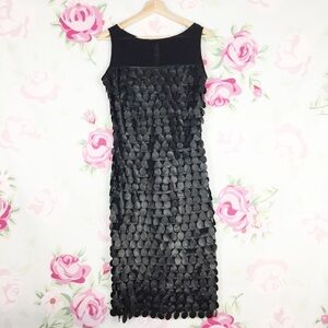 Petis Pois Black Faux Leather Mesh Tiered Layered Sheath Dress S